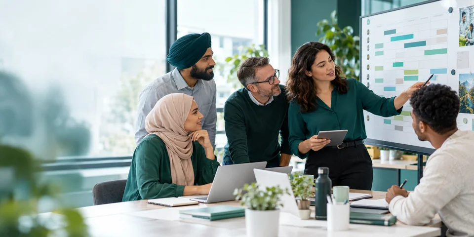 Une équipe coordonne les dossiers et le planning de formation autour d’une table
